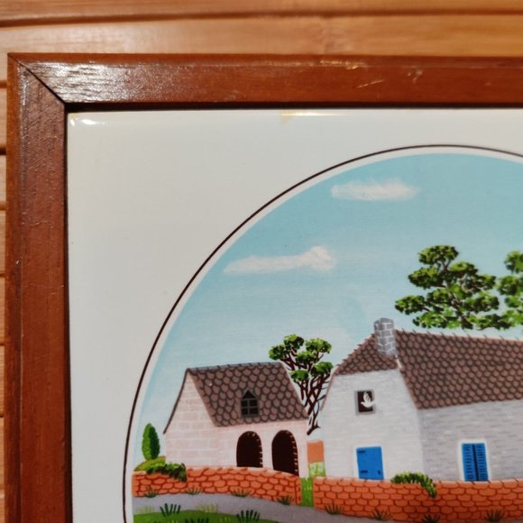 Farmer w/ Turkey in Wagon Design 7"  LAPLAU Ceramic on Wood Trivet Decor Plate - Picture 3 of 6